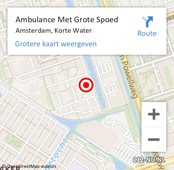 Locatie op kaart van de 112 melding: Ambulance Met Grote Spoed Naar Amsterdam, Korte Water op 20 februari 2024 20:55