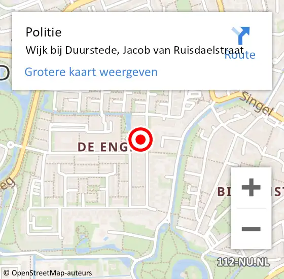 Locatie op kaart van de 112 melding: Politie Wijk bij Duurstede, Jacob van Ruisdaelstraat op 20 februari 2024 23:53