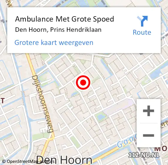 Locatie op kaart van de 112 melding: Ambulance Met Grote Spoed Naar Den Hoorn, Prins Hendriklaan op 21 februari 2024 03:26