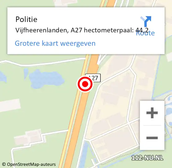 Locatie op kaart van de 112 melding: Politie Vijfheerenlanden, A27 hectometerpaal: 44,2 op 21 februari 2024 07:31