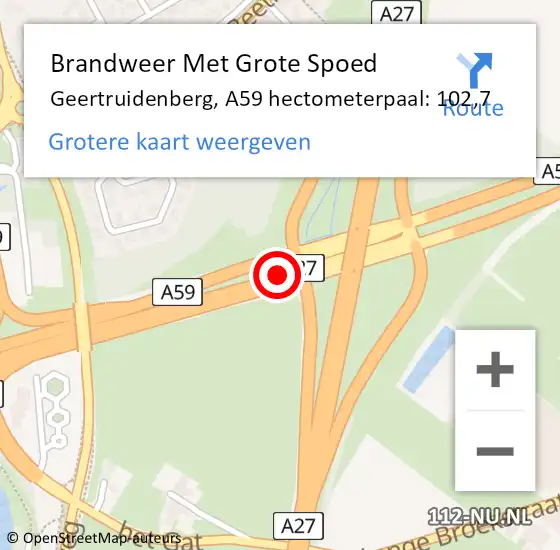 Locatie op kaart van de 112 melding: Brandweer Met Grote Spoed Naar Geertruidenberg, A59 hectometerpaal: 102,7 op 21 februari 2024 10:14