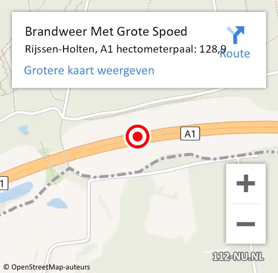 Locatie op kaart van de 112 melding: Brandweer Met Grote Spoed Naar Rijssen-Holten, A1 hectometerpaal: 128,9 op 21 februari 2024 10:18