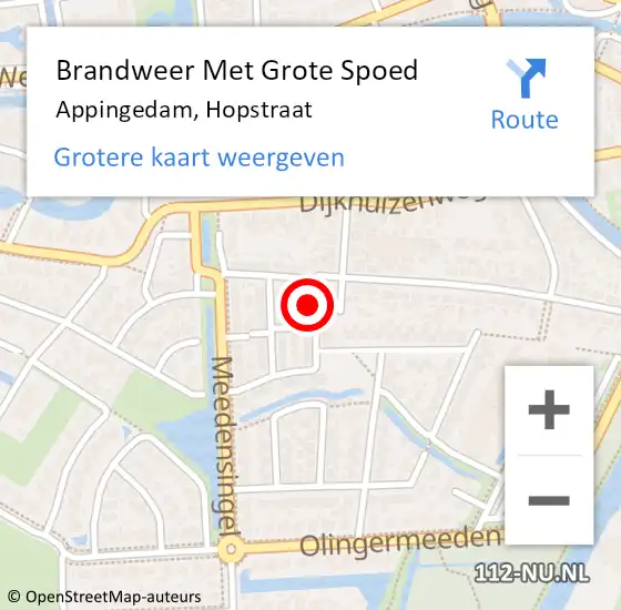 Locatie op kaart van de 112 melding: Brandweer Met Grote Spoed Naar Appingedam, Hopstraat op 21 februari 2024 10:43