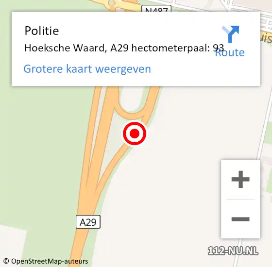 Locatie op kaart van de 112 melding: Politie Hoeksche Waard, A29 hectometerpaal: 93 op 21 februari 2024 11:00