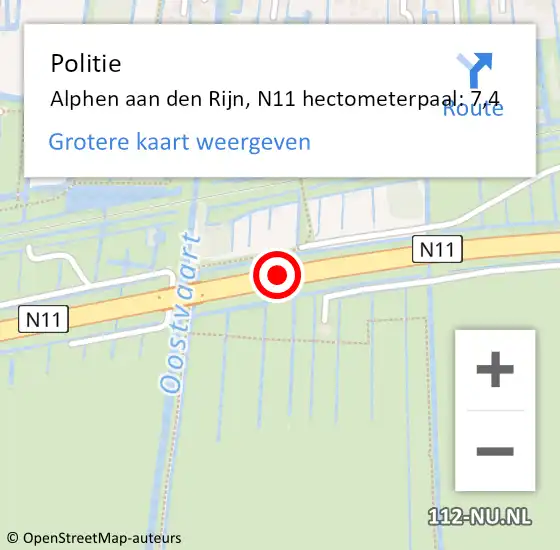 Locatie op kaart van de 112 melding: Politie Alphen aan den Rijn, N11 hectometerpaal: 7,4 op 21 februari 2024 11:36