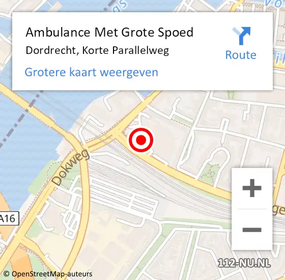 Locatie op kaart van de 112 melding: Ambulance Met Grote Spoed Naar Dordrecht, Korte Parallelweg op 21 februari 2024 12:04