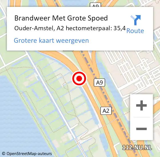 Locatie op kaart van de 112 melding: Brandweer Met Grote Spoed Naar Ouder-Amstel, A2 hectometerpaal: 35,4 op 21 februari 2024 15:43
