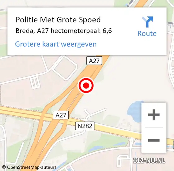 Locatie op kaart van de 112 melding: Politie Met Grote Spoed Naar Breda, A27 hectometerpaal: 6,6 op 21 februari 2024 16:43