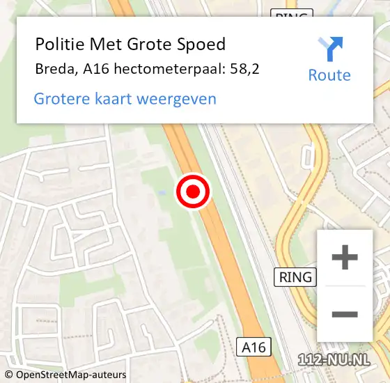 Locatie op kaart van de 112 melding: Politie Met Grote Spoed Naar Breda, A16 hectometerpaal: 58,2 op 21 februari 2024 17:16