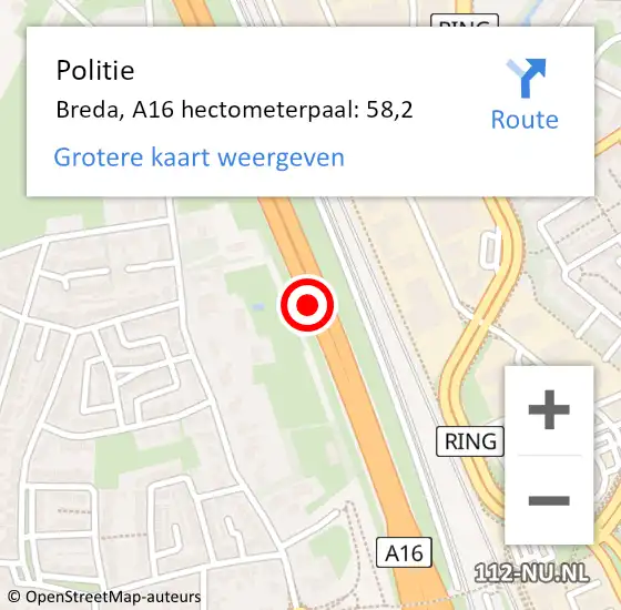 Locatie op kaart van de 112 melding: Politie Breda, A16 hectometerpaal: 58,2 op 21 februari 2024 17:16
