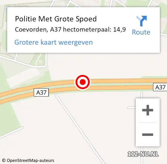 Locatie op kaart van de 112 melding: Politie Met Grote Spoed Naar Coevorden, A37 hectometerpaal: 14,9 op 21 februari 2024 18:38