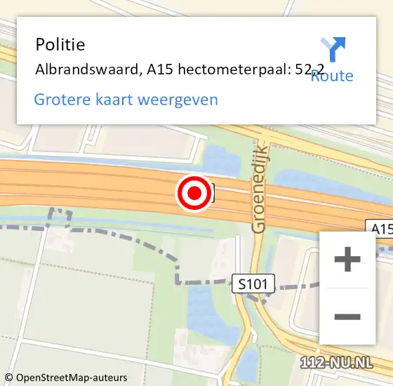 Locatie op kaart van de 112 melding: Politie Albrandswaard, A15 hectometerpaal: 52,2 op 22 februari 2024 06:13