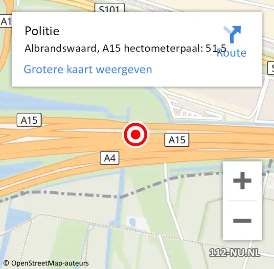 Locatie op kaart van de 112 melding: Politie Albrandswaard, A15 hectometerpaal: 51,5 op 22 februari 2024 06:36