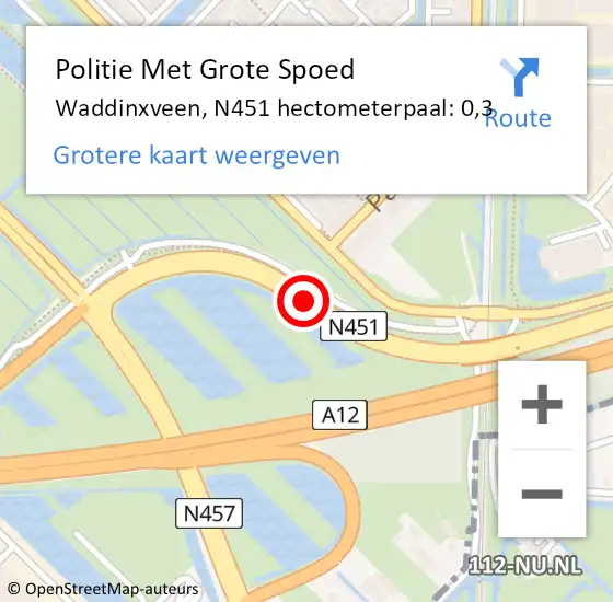 Locatie op kaart van de 112 melding: Politie Met Grote Spoed Naar Waddinxveen, N451 hectometerpaal: 0,3 op 22 februari 2024 07:09