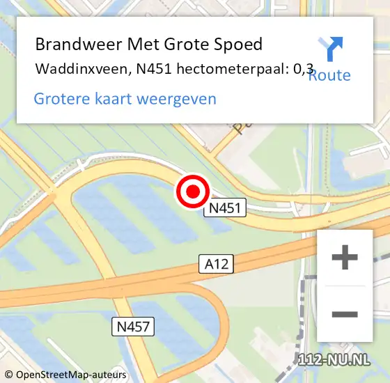 Locatie op kaart van de 112 melding: Brandweer Met Grote Spoed Naar Waddinxveen, N451 hectometerpaal: 0,3 op 22 februari 2024 07:10