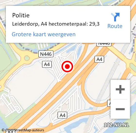 Locatie op kaart van de 112 melding: Politie Leiderdorp, A4 hectometerpaal: 29,3 op 22 februari 2024 07:54