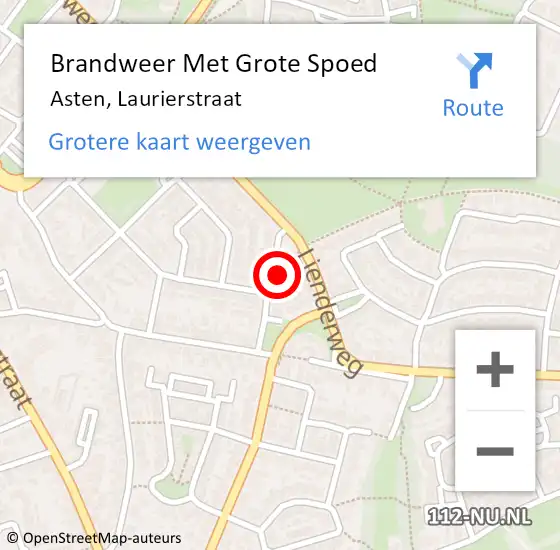 Locatie op kaart van de 112 melding: Brandweer Met Grote Spoed Naar Asten, Laurierstraat op 22 februari 2024 09:06