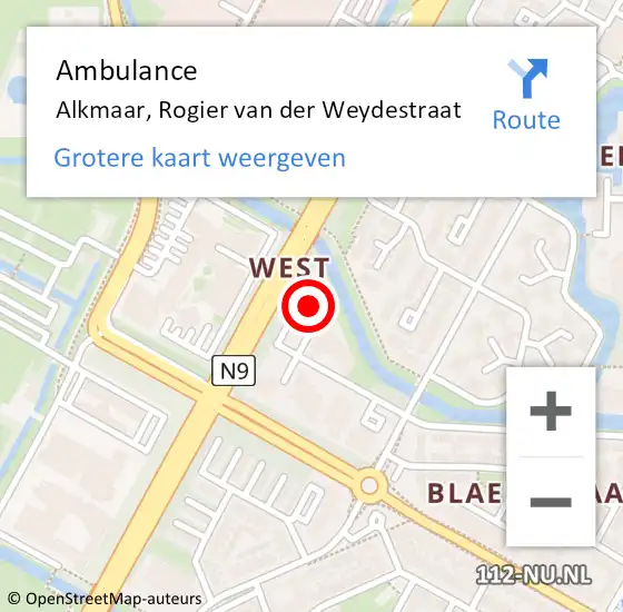 Locatie op kaart van de 112 melding: Ambulance Alkmaar, Rogier van der Weydestraat op 22 februari 2024 09:26