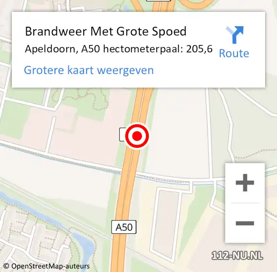 Locatie op kaart van de 112 melding: Brandweer Met Grote Spoed Naar Apeldoorn, A50 hectometerpaal: 205,6 op 22 februari 2024 09:40