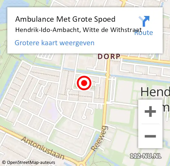 Locatie op kaart van de 112 melding: Ambulance Met Grote Spoed Naar Hendrik-Ido-Ambacht, Witte de Withstraat op 22 februari 2024 10:18