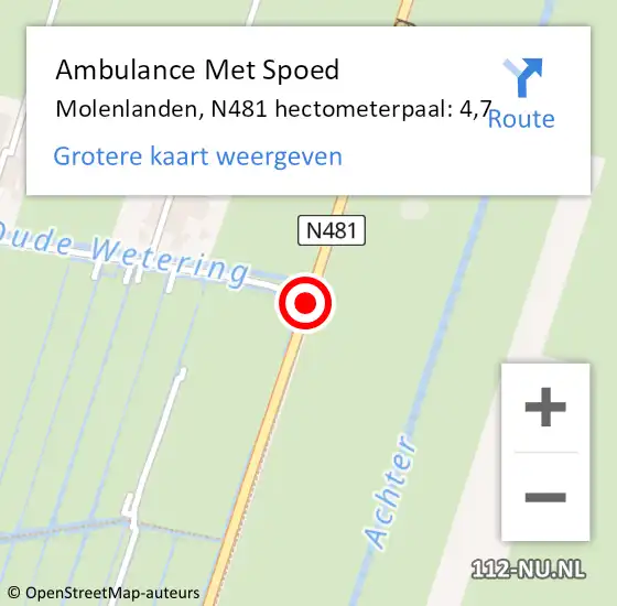 Locatie op kaart van de 112 melding: Ambulance Met Spoed Naar Molenlanden, N481 hectometerpaal: 4,7 op 22 februari 2024 10:20