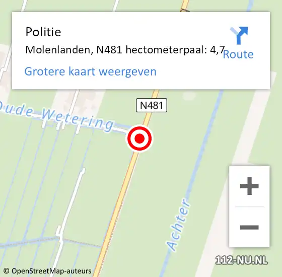 Locatie op kaart van de 112 melding: Politie Molenlanden, N481 hectometerpaal: 4,7 op 22 februari 2024 10:22