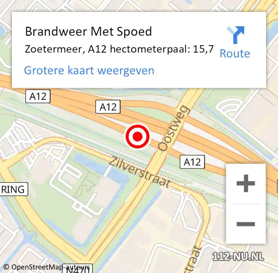 Locatie op kaart van de 112 melding: Brandweer Met Spoed Naar Zoetermeer, A12 hectometerpaal: 15,7 op 22 februari 2024 12:09