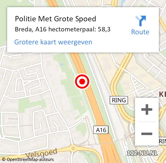 Locatie op kaart van de 112 melding: Politie Met Grote Spoed Naar Breda, A16 hectometerpaal: 58,3 op 22 februari 2024 15:41