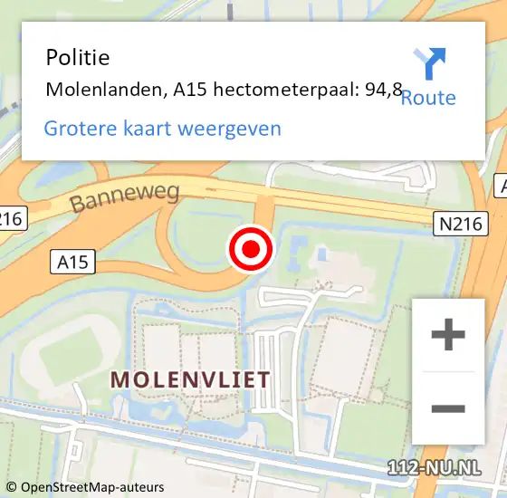 Locatie op kaart van de 112 melding: Politie Molenlanden, A15 hectometerpaal: 94,8 op 22 februari 2024 15:49