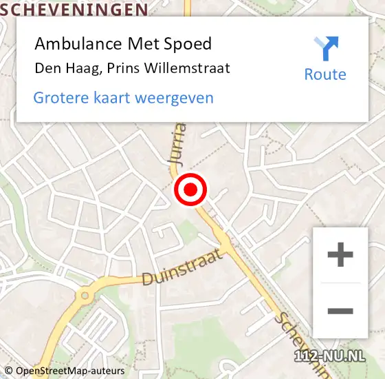 Locatie op kaart van de 112 melding: Ambulance Met Spoed Naar Den Haag, Prins Willemstraat op 22 februari 2024 16:02