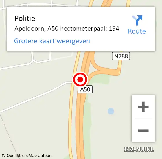 Locatie op kaart van de 112 melding: Politie Apeldoorn, A50 hectometerpaal: 194 op 22 februari 2024 16:17