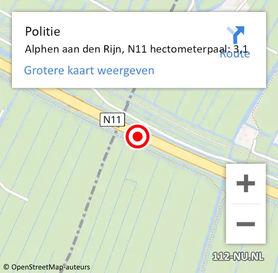 Locatie op kaart van de 112 melding: Politie Alphen aan den Rijn, N11 hectometerpaal: 3,1 op 22 februari 2024 17:33