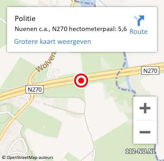 Locatie op kaart van de 112 melding: Politie Nuenen c.a., N270 hectometerpaal: 5,6 op 22 februari 2024 17:56