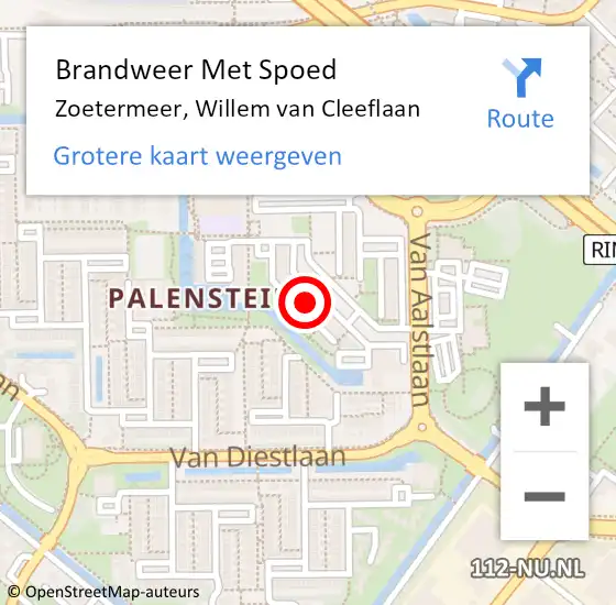 Locatie op kaart van de 112 melding: Brandweer Met Spoed Naar Zoetermeer, Willem van Cleeflaan op 22 februari 2024 18:49