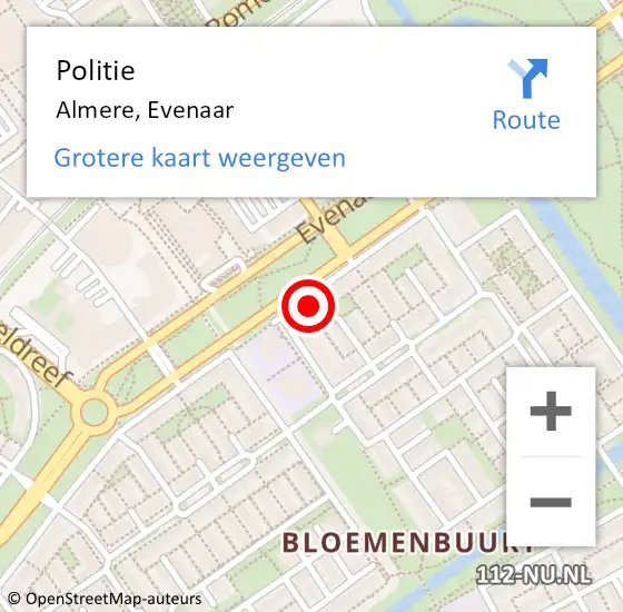 Locatie op kaart van de 112 melding: Politie Almere, Evenaar op 22 februari 2024 18:56