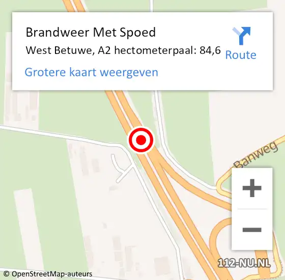 Locatie op kaart van de 112 melding: Brandweer Met Spoed Naar West Betuwe, A2 hectometerpaal: 84,6 op 22 februari 2024 20:33