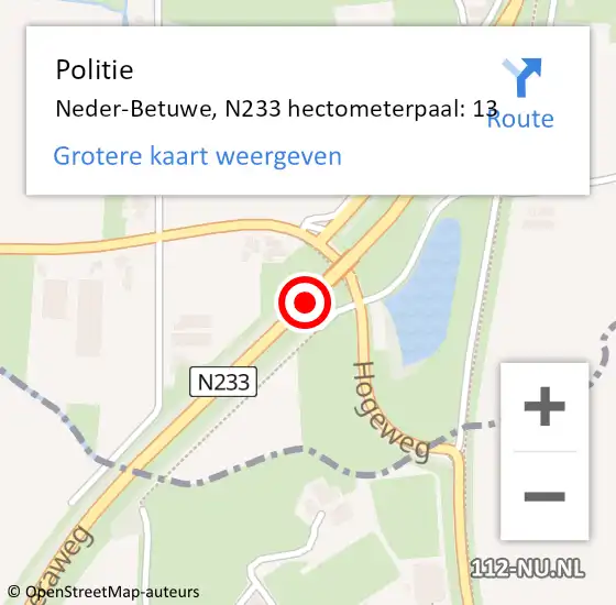 Locatie op kaart van de 112 melding: Politie Neder-Betuwe, N233 hectometerpaal: 13 op 22 februari 2024 20:37