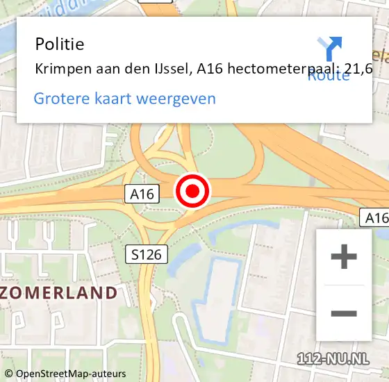 Locatie op kaart van de 112 melding: Politie Krimpen aan den IJssel, A16 hectometerpaal: 21,6 op 22 februari 2024 21:39