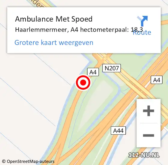 Locatie op kaart van de 112 melding: Ambulance Met Spoed Naar Haarlemmermeer, A4 hectometerpaal: 18,3 op 22 februari 2024 22:04