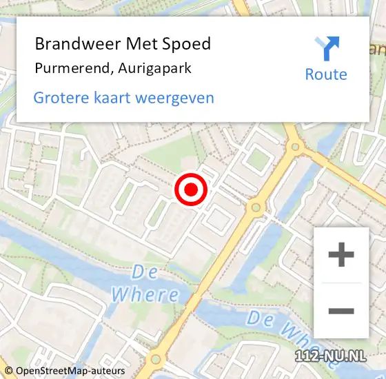 Locatie op kaart van de 112 melding: Brandweer Met Spoed Naar Purmerend, Aurigapark op 22 februari 2024 22:06