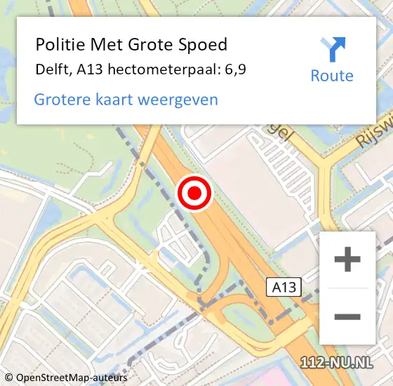 Locatie op kaart van de 112 melding: Politie Met Grote Spoed Naar Delft, A13 hectometerpaal: 6,9 op 22 februari 2024 23:16