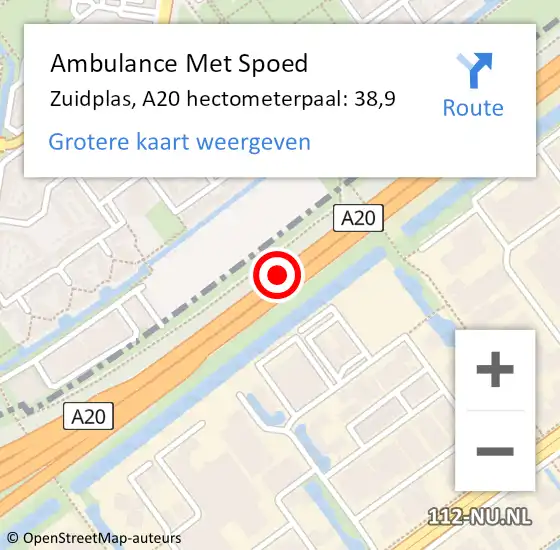 Locatie op kaart van de 112 melding: Ambulance Met Spoed Naar Zuidplas, A20 hectometerpaal: 38,9 op 23 februari 2024 00:23