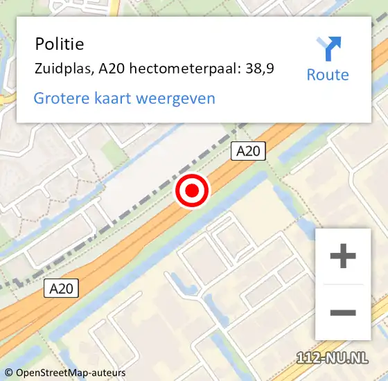 Locatie op kaart van de 112 melding: Politie Zuidplas, A20 hectometerpaal: 38,9 op 23 februari 2024 00:25