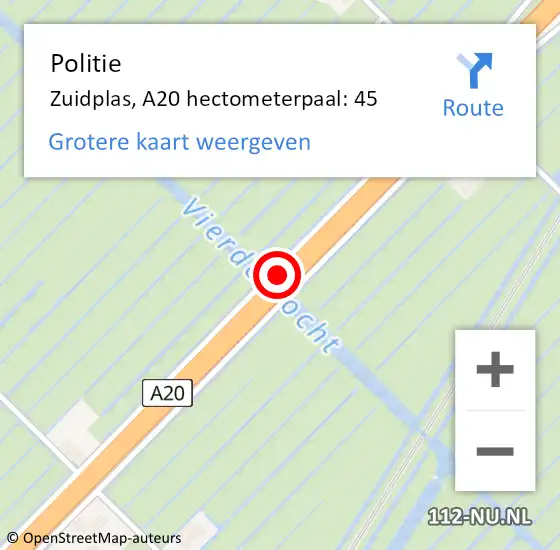 Locatie op kaart van de 112 melding: Politie Zuidplas, A20 hectometerpaal: 45 op 23 februari 2024 05:05