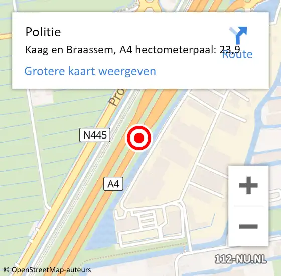Locatie op kaart van de 112 melding: Politie Kaag en Braassem, A4 hectometerpaal: 23,9 op 23 februari 2024 06:06