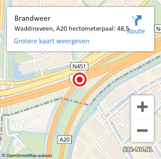 Locatie op kaart van de 112 melding: Brandweer Waddinxveen, A20 hectometerpaal: 48,5 op 23 februari 2024 07:58