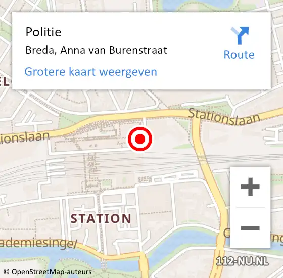 Locatie op kaart van de 112 melding: Politie Breda, Anna van Burenstraat op 23 februari 2024 08:11
