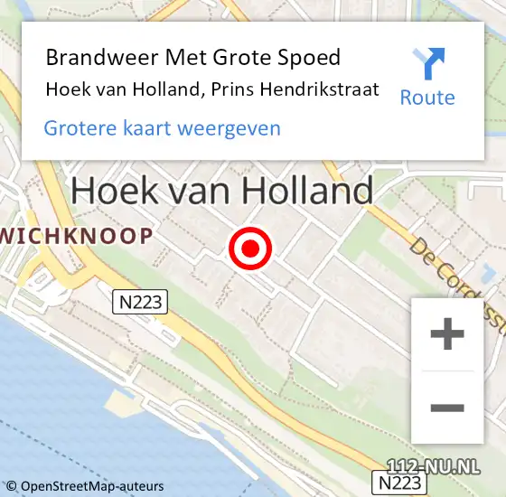 Locatie op kaart van de 112 melding: Brandweer Met Grote Spoed Naar Hoek van Holland, Prins Hendrikstraat op 23 februari 2024 09:17