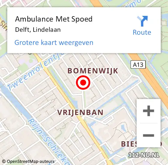 Locatie op kaart van de 112 melding: Ambulance Met Spoed Naar Delft, Lindelaan op 23 februari 2024 10:36