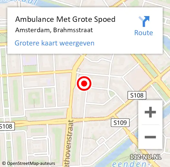 Locatie op kaart van de 112 melding: Ambulance Met Grote Spoed Naar Amsterdam, Brahmsstraat op 23 februari 2024 10:46